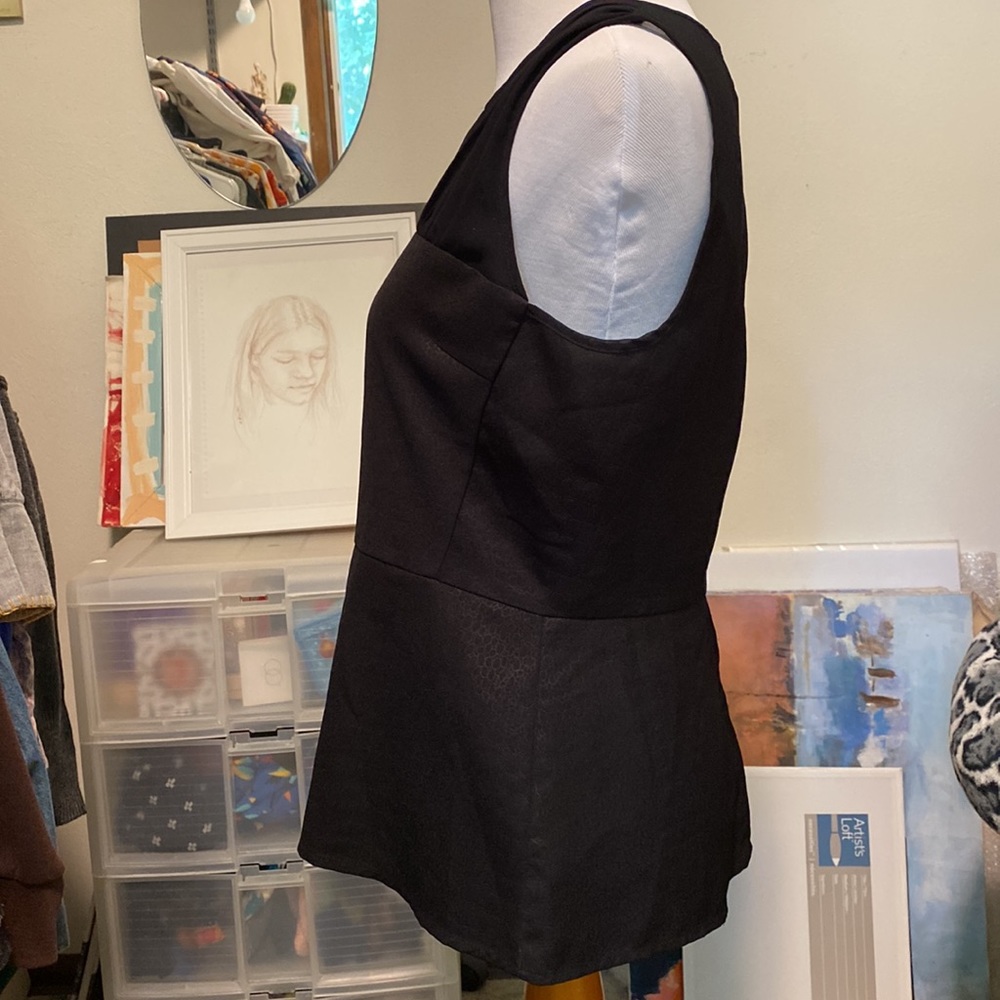 CABI gorgeous black sheer pleated neckline and peplum hem top! Fancy black tie. - Picture 3 of 11